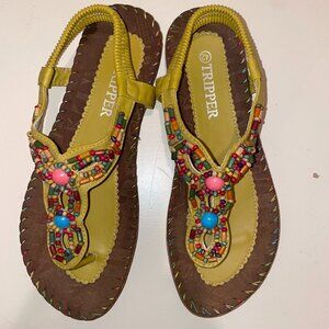 Tripper Beaded Boho Sandals Yellow Brown Flat Thong Sandals Size 42/10.5 (US)
